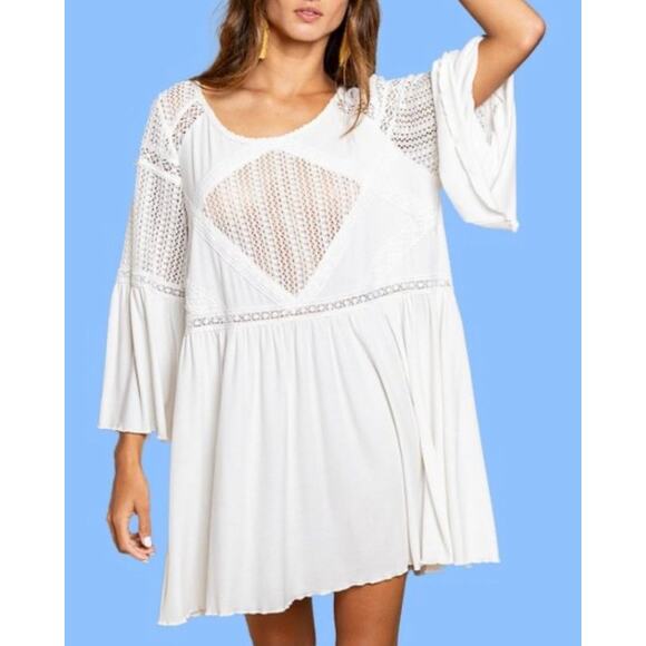 POL Boho Bohemian Oatmeal Long Sleeve Crochet Detail Babydoll Dress Small New - Picture 1 of 8